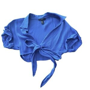 Forever 21 Womens Sz XS Satin‎ Tie-Front Country Crop Top Shawl Dress Cover Blue